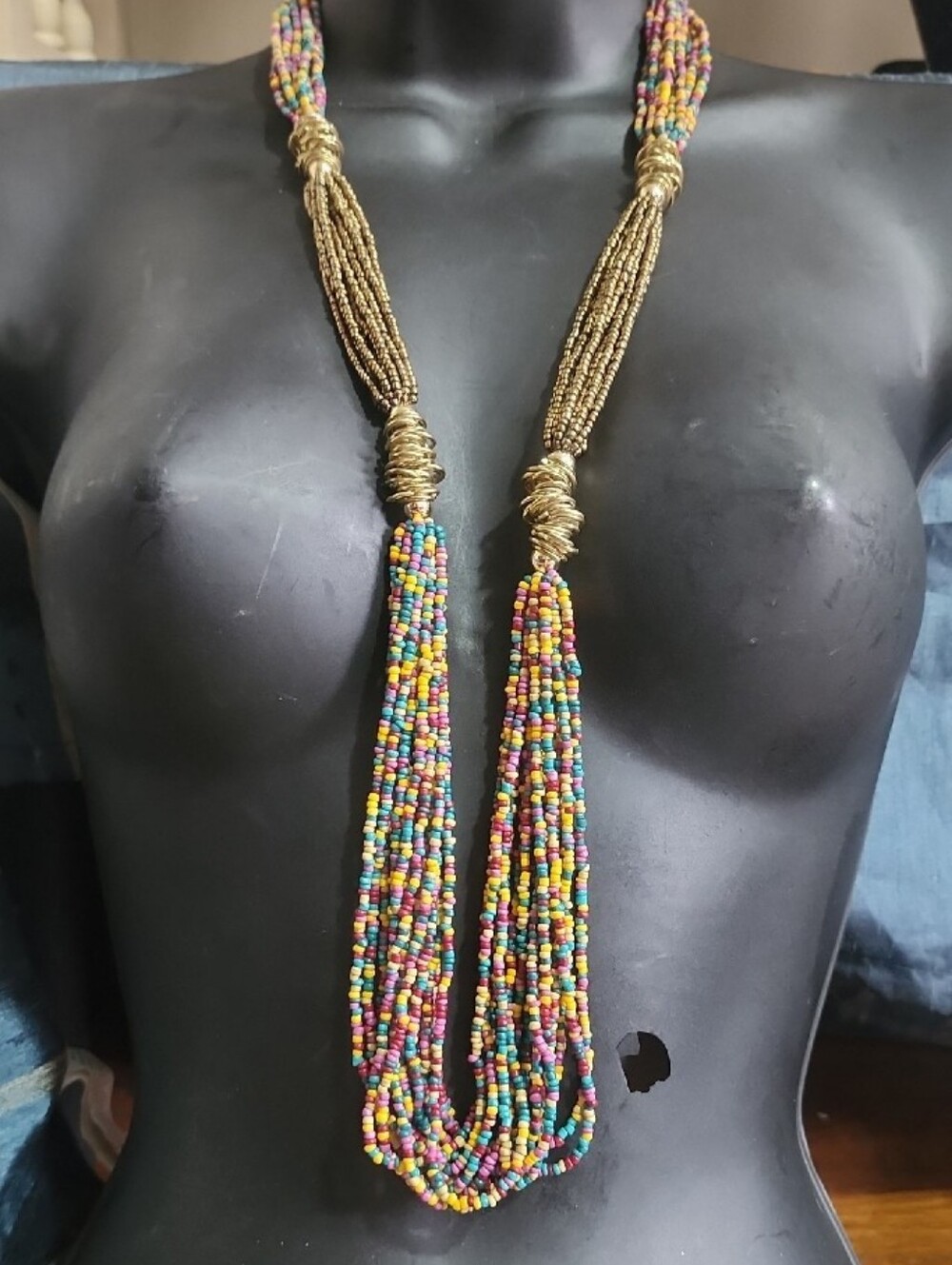Multistrand Beaded Tassel Necklace - Gold and Multicolor Seed Bead Sratement